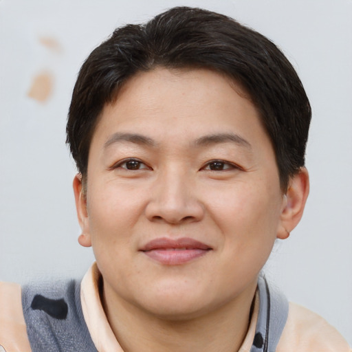 Joyful asian young-adult female with short  brown hair and brown eyes