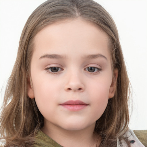 Neutral white child female with medium  brown hair and grey eyes