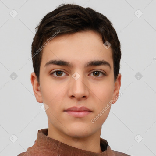 Neutral white young-adult male with short  brown hair and brown eyes