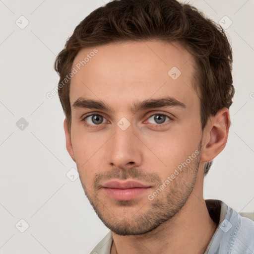 Neutral white young-adult male with short  brown hair and grey eyes