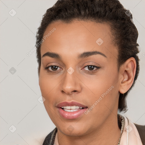 Joyful white young-adult female with short  brown hair and brown eyes