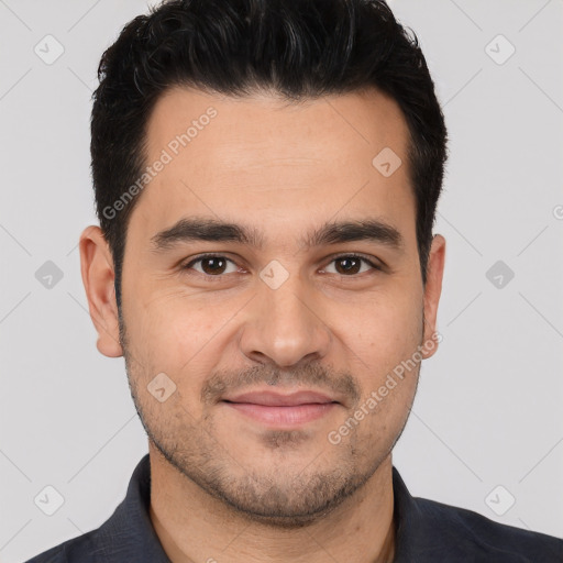 Joyful white young-adult male with short  black hair and brown eyes