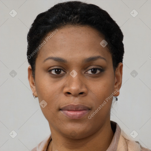 Joyful black young-adult female with short  black hair and brown eyes