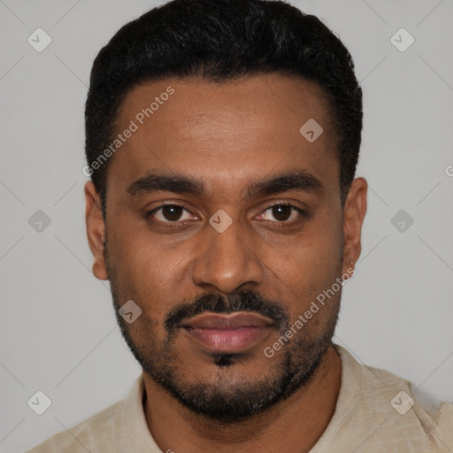 Neutral black young-adult male with short  black hair and brown eyes