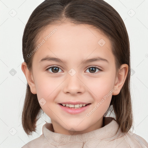 Joyful white child female with medium  brown hair and brown eyes