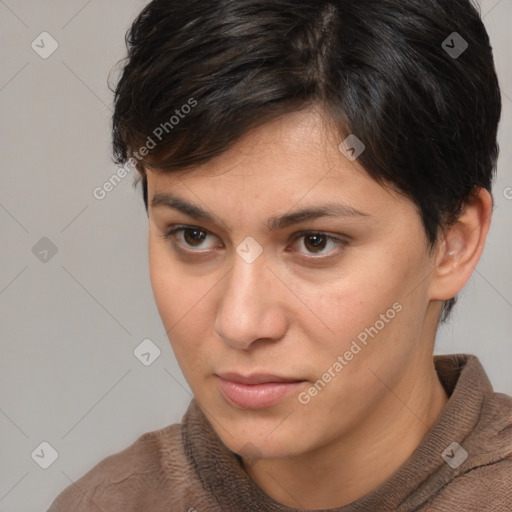 Neutral white young-adult female with short  brown hair and brown eyes