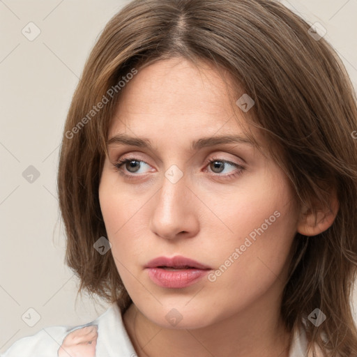 Neutral white young-adult female with medium  brown hair and brown eyes