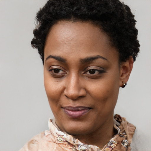Joyful black young-adult female with short  black hair and brown eyes