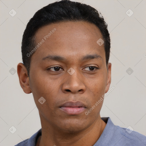 Neutral black young-adult male with short  black hair and brown eyes