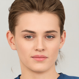 Neutral white young-adult female with short  brown hair and brown eyes