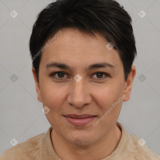 Joyful white young-adult female with short  brown hair and brown eyes