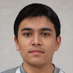 Neutral asian young-adult male with short  black hair and brown eyes