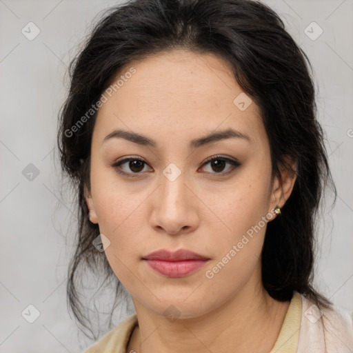 Neutral asian young-adult female with medium  brown hair and brown eyes