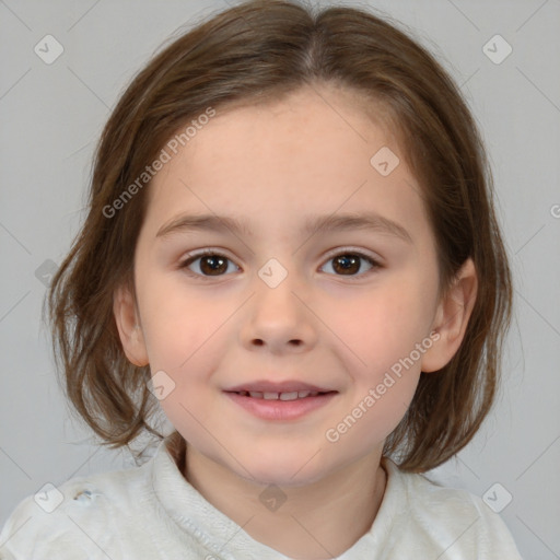 Joyful white child female with medium  brown hair and brown eyes