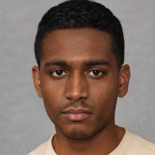 Neutral black young-adult male with short  black hair and brown eyes