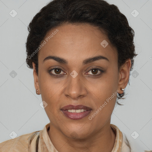 Joyful latino young-adult female with short  brown hair and brown eyes