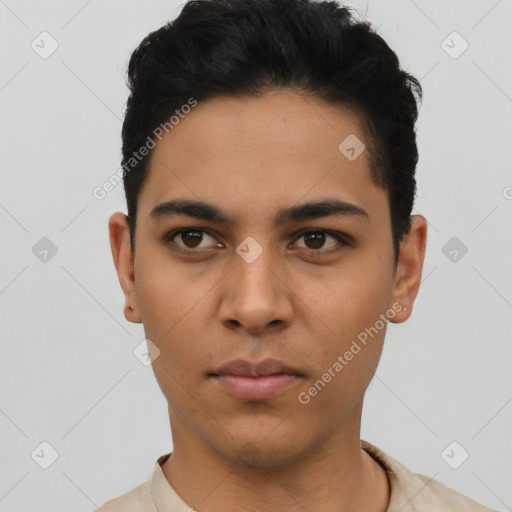 Neutral latino young-adult male with short  black hair and brown eyes