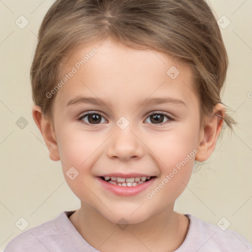 Joyful white child female with short  brown hair and brown eyes