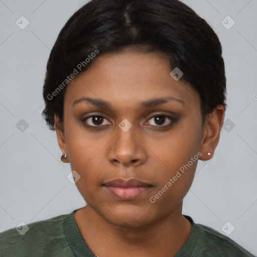 Neutral asian young-adult female with short  black hair and brown eyes