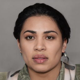 Neutral asian young-adult female with medium  black hair and brown eyes