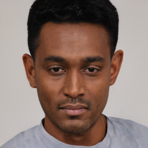 Neutral black young-adult male with short  black hair and brown eyes