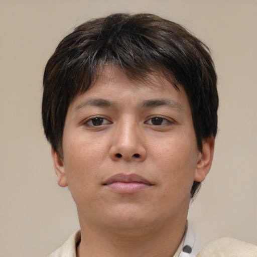 Neutral white young-adult female with short  brown hair and brown eyes