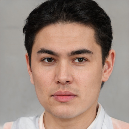 Neutral white young-adult male with short  brown hair and brown eyes