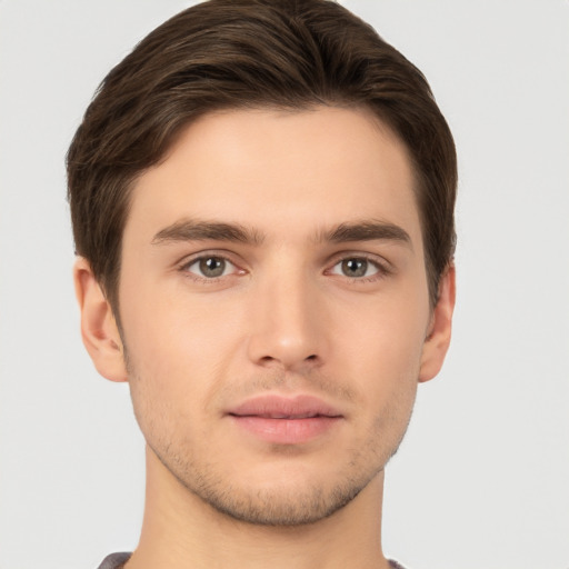 Neutral white young-adult male with short  brown hair and brown eyes