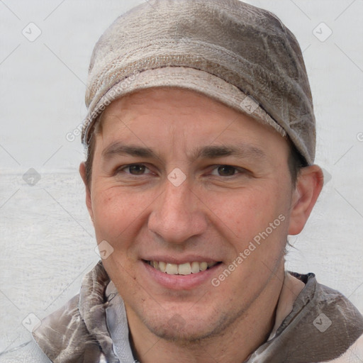 Joyful white adult male with short  brown hair and grey eyes