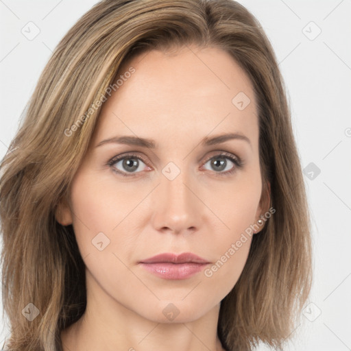 Neutral white young-adult female with long  brown hair and brown eyes