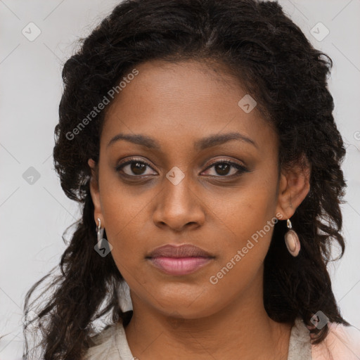 Neutral black young-adult female with long  brown hair and brown eyes