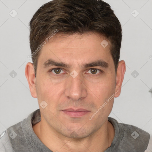 Neutral white adult male with short  brown hair and brown eyes