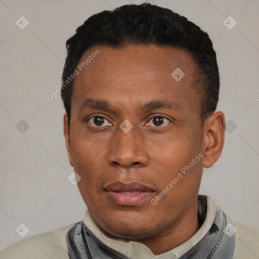 Neutral black adult male with short  black hair and brown eyes