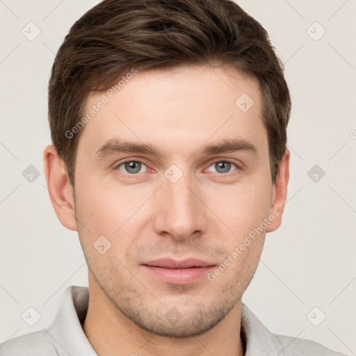 Neutral white young-adult male with short  brown hair and grey eyes