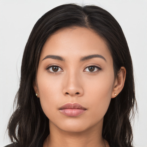 Neutral asian young-adult female with long  black hair and brown eyes