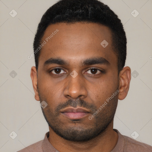 Neutral latino young-adult male with short  black hair and brown eyes