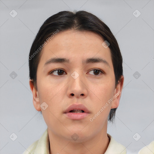 Neutral asian young-adult male with short  brown hair and brown eyes