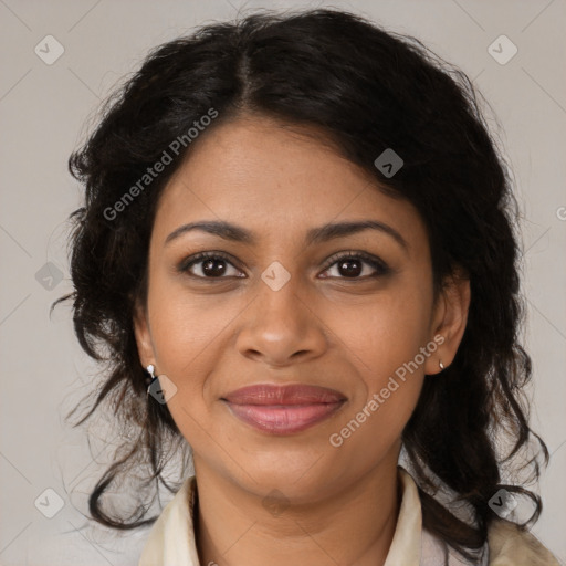 Joyful black young-adult female with medium  brown hair and brown eyes