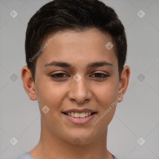 Joyful white young-adult female with short  brown hair and brown eyes