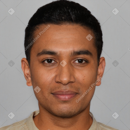 Joyful latino young-adult male with short  black hair and brown eyes