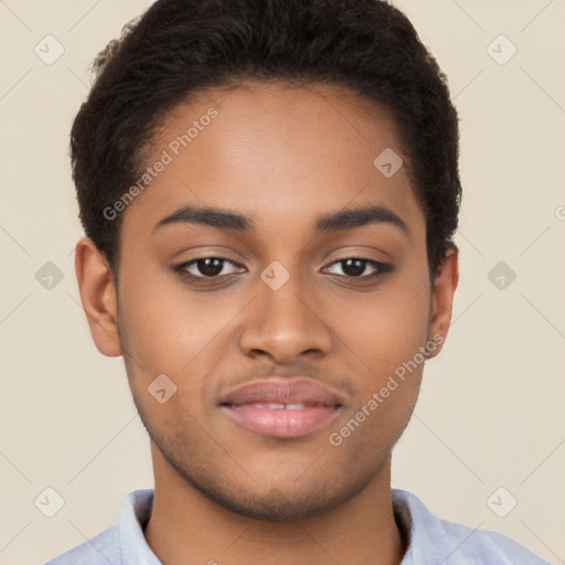 Joyful latino young-adult male with short  brown hair and brown eyes