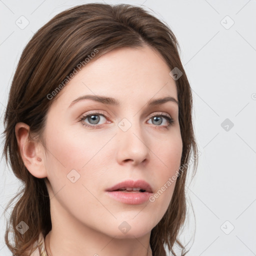 Neutral white young-adult female with medium  brown hair and grey eyes