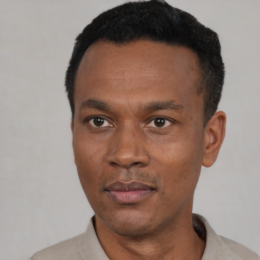 Joyful black adult male with short  black hair and brown eyes