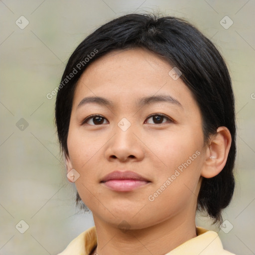 Neutral asian young-adult female with medium  brown hair and brown eyes