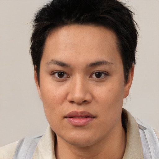 Neutral white young-adult female with short  brown hair and brown eyes