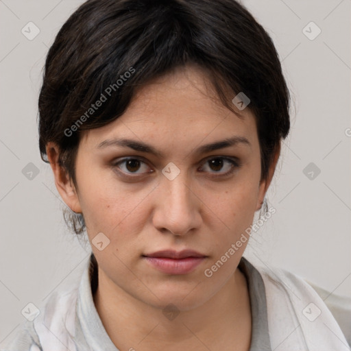 Neutral white young-adult female with medium  brown hair and brown eyes