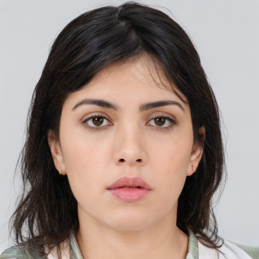 Neutral asian young-adult female with medium  black hair and brown eyes