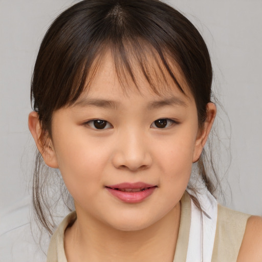 Joyful asian child female with medium  brown hair and brown eyes