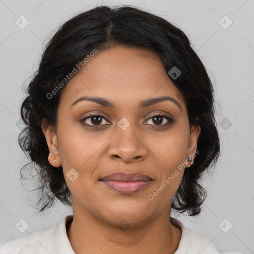 Joyful latino young-adult female with long  brown hair and brown eyes