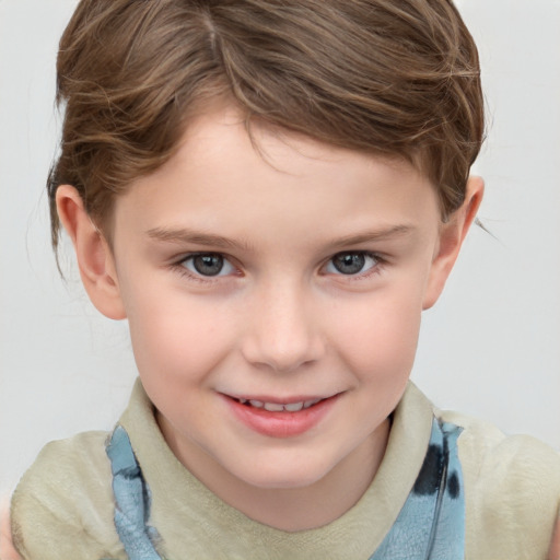 Joyful white child female with short  brown hair and grey eyes